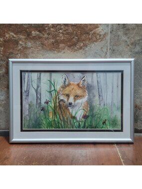Framed Watercolor Art Print Red Fox Forest Scene Signed MarLynk